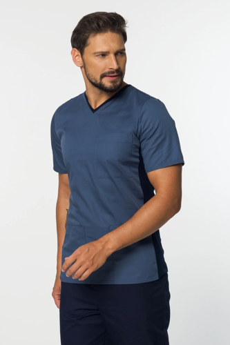 Men's scrubs top with elastic panels MBE1-SN, jeans blue