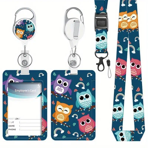 Etui na identyfikator wraz ze smyczą i karabinczykiem motyw "kolorowe sowy"
