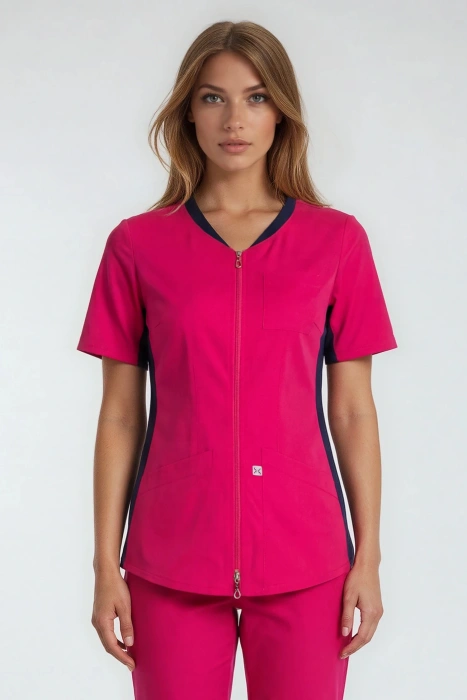 Żakiet medyczny damski z elastycznym ściągaczem w boku Colormed, kolor fuksja, ZE1-F', bawełna +