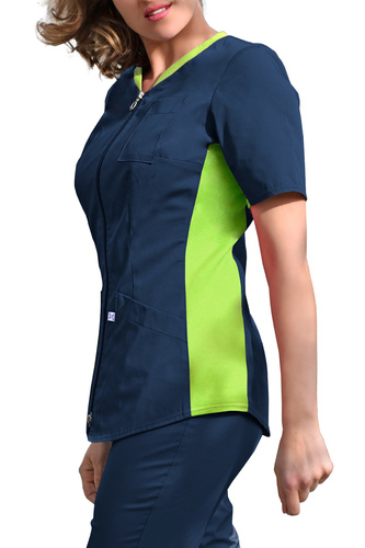 Scrubs jacket with ELASTIC SIDE PANELS ZE1-G/L, navy blue  - lime