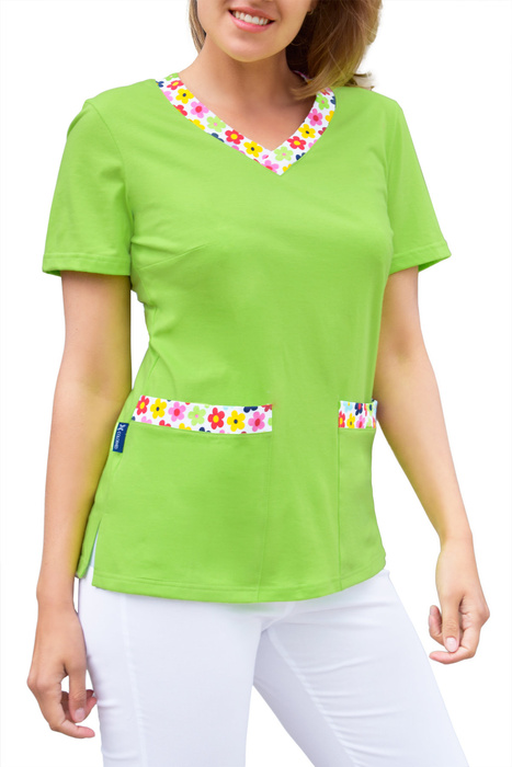 Women's medical blouse, 100% cotton, lime and flowers, BD4-L