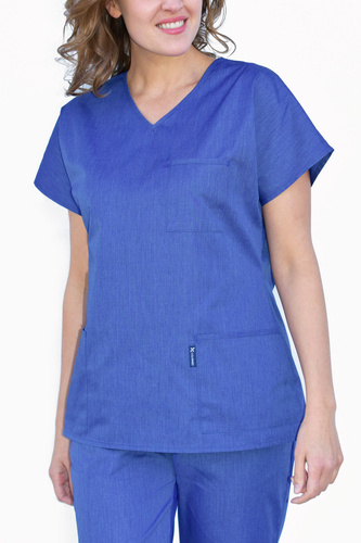 Medical scrubs top, with kimono sleeves, blue melange, BC4-Nm