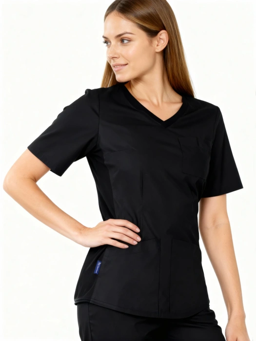 Bluza medyczna damska z elastycznym ściągaczem w boku Colormed, czarna, BE1-C, bawełna +