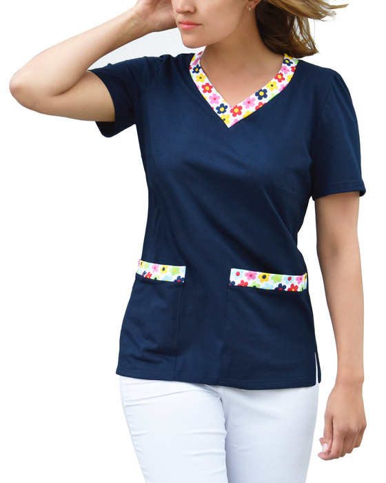 Women's medical blouse, 100% cotton, navy blue and flowers, BD4-CH