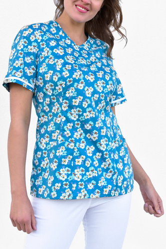 Bluza medyczna damska Colormed, Bawełna + Stretch, turkusowa, wzór kwiaty, BN2-T