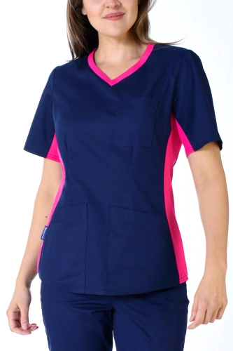 Bluza medyczna damska z elastycznym ściągaczem w boku Colormed, granat + fuksja, BE1-G/F, bawełna +