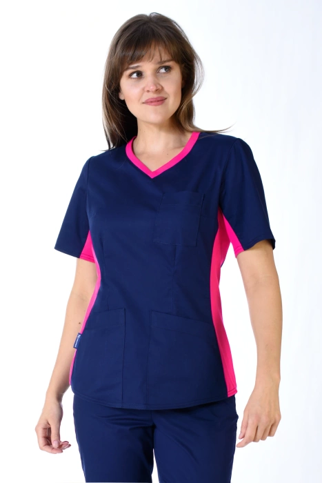 Scrubs top with ELASTIC SIDE PANELS BE1-G, navy blue