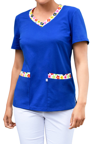 Women's medical blouse, 100% cotton, royal blue and flowers, BD4-CH