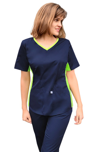 Scrubs top with ELASTIC SIDE PANELS BE1-G/L  navy blue + lime