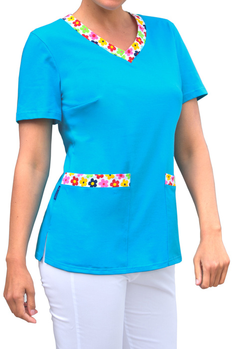 Women's medical blouse, 100% cotton, turquoise and flowers, BD4-T